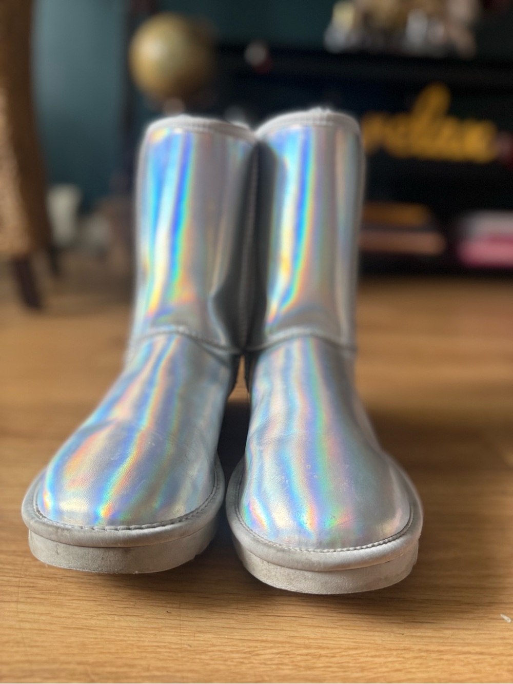 Women’s Ugg Silver Holographic Boots. Sparkling Winter Shoes. Iridescent.